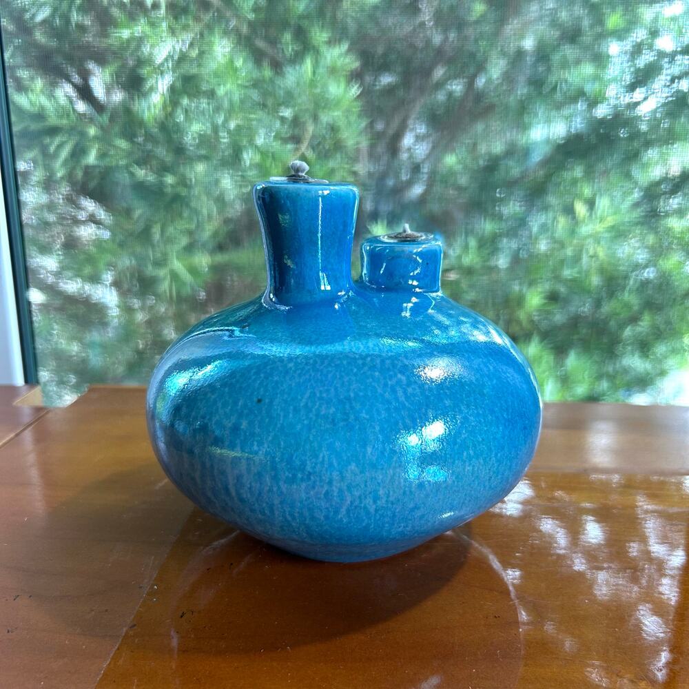 Vintage Latterman Studio Pottery Oil Lamp – Blue Glazed Double Spout,
